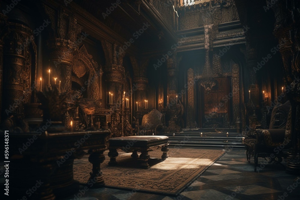 Realistic dark fantasy palace interior with golden accents, creating a fictional backdrop. Concept art for film or game design. Generative AI