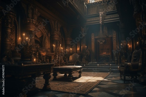 Realistic dark fantasy palace interior with golden accents, creating a fictional backdrop. Concept art for film or game design. Generative AI