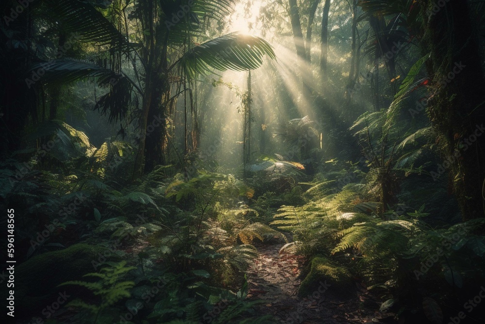 Enchanting rainforest with gleaming light. Generative AI