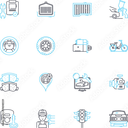 Transportation solutions linear icons set. Commute, Mobility, Logistics, Carpooling, Transit, Routing, Delivery line vector and concept signs. Freight,Transport,Shuttle outline illustrations
