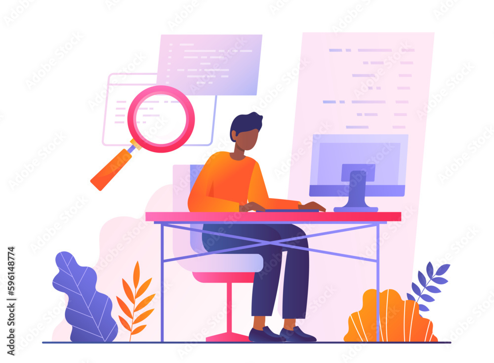 Quality tester concept. Man sits at workplace looking for errors in code and evaluates programs and apps. IT specialist and programmer, freedancer and remote worker. Cartoon flat vector illustration