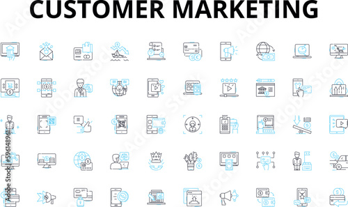 Customer Marketing linear icons set. Retention, Engagement, Loyalty, Feedback, Segmentation, Advocacy, Personalization vector symbols and line concept signs. Upselling,Cross-selling,Acquisition