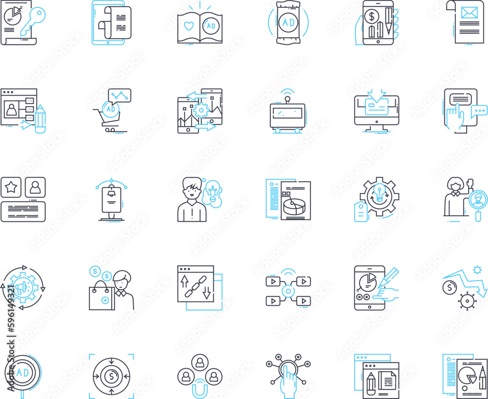 Branding service linear icons set. Identity, Logo, Messaging, Strategy, Positioning, Image, Personality line vector and concept signs. Storytelling,Design,Reputation outline illustrations