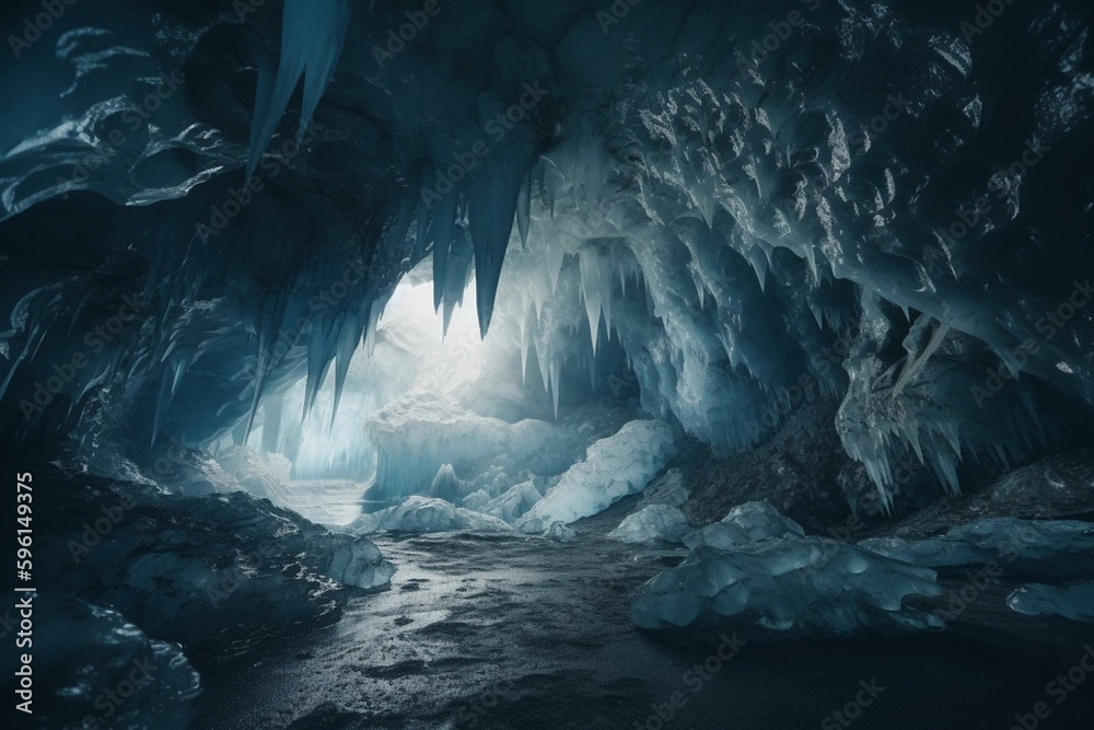 Fantastical arctic cave landscape of blue snow and ice. Generative AI