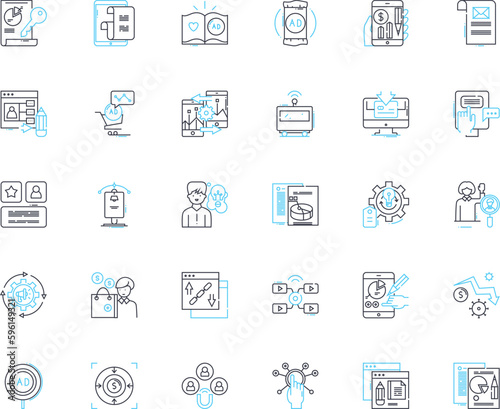 Branding service linear icons set. Identity, Logo, Messaging, Strategy, Positioning, Image, Personality line vector and concept signs. Storytelling,Design,Reputation outline illustrations