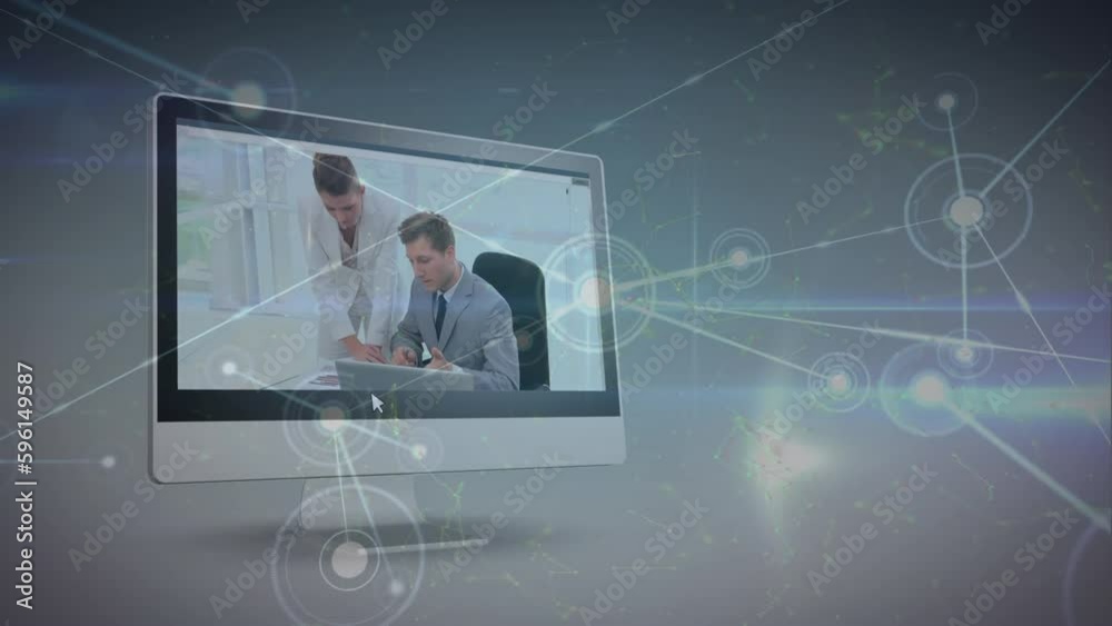 Animation of network of connections and light trails against business data processing on computer