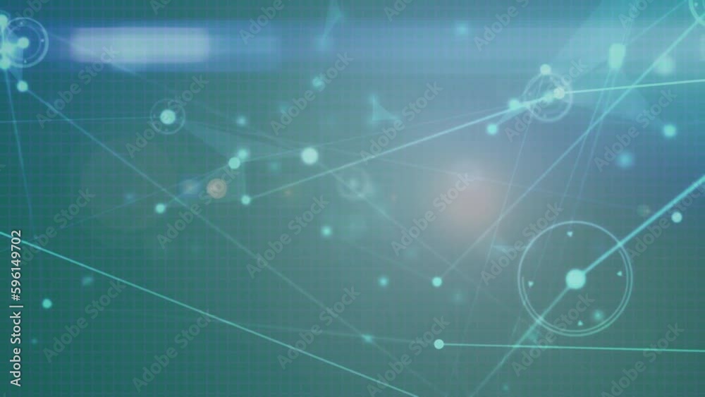 Animation of network of connections and light spots against business data processing on smartphone Animation of network of connections and light spots against business data processing on smartphone