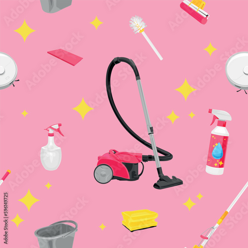 Many housecleaning supplies on pink background. Pattern for design