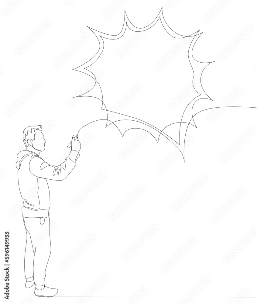Fototapeta premium One continuous line of Man pointing with finger at empty Speech Bubble. Thin Line Illustration vector concept. Contour Drawing Creative ideas.