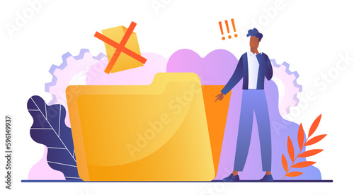 Deleted files concept. Man stands near large folder with red cross. Managing data and information on computer. Clearing electronic archive and storage. Digital world. Cartoon flat vector illustration