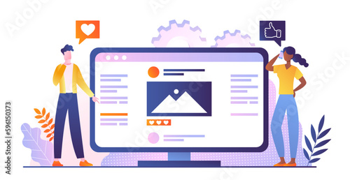 Social media on computer. Man and woman near monitor look at website with posts and reactions. Promotion of interesting content on Internet. Social network concept. Cartoon flat vector illustration
