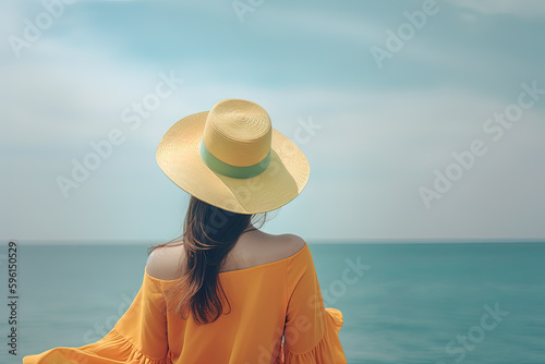 Back view of a woman wearing a hat sitting on a beach. Created with Generative AI Technology