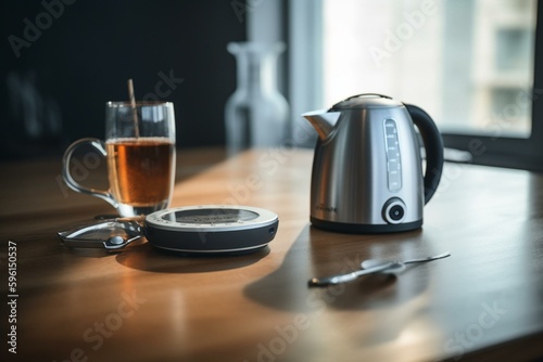 A table with a smart meter, kettle and mug. Generative AI