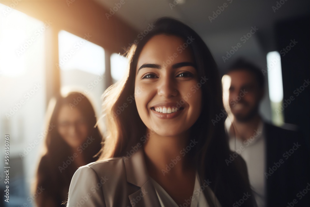 Fototapeta premium Smiling Confident Woman in Suit at the Office: Female Executive Success, Generative AI