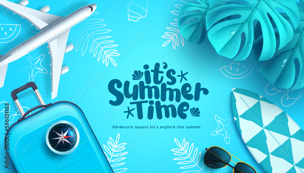 Summer time text vector design. It's summer time with travel vacation and outdoor beach elements. Vector illustration in blue background.  - obrazy, fototapety, plakaty 