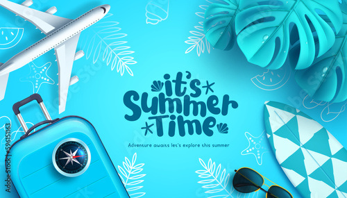 Summer time text vector design. It's summer time with travel vacation and outdoor beach elements. Vector illustration in blue background. 