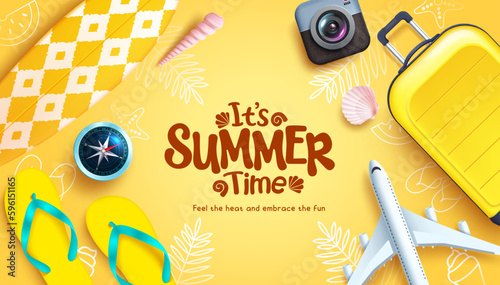 Summer time vector background design. It's summer time text in yellow space with tropical season travel elements. Vector illustration greeting banner.