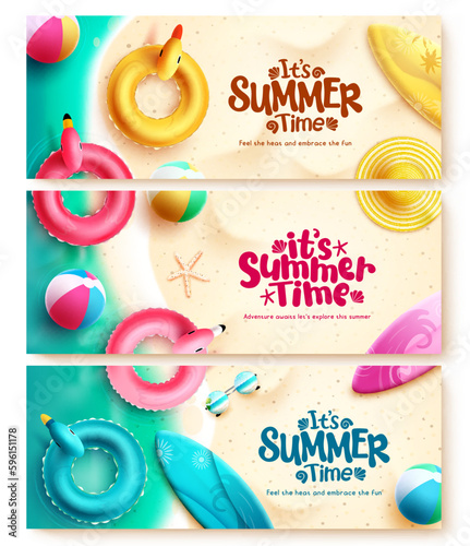 Summer time banner set vector design. It's summer time text with beach floaters and beach ball elements in seashore background. Vector illustration tropical season lay out collection. 