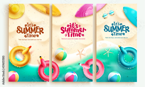 Summer time poster set vector design. It's summer time text in tropical outdoor beach sand background. Vector illustration banner lay out collection.