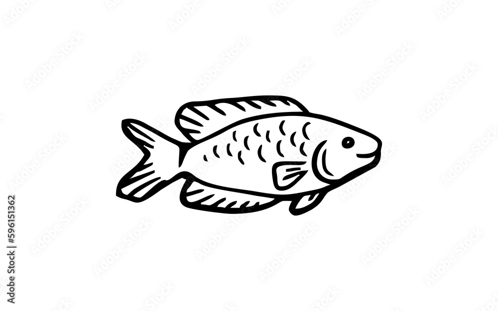 Fish animal Doodle art illustration with black and white style.