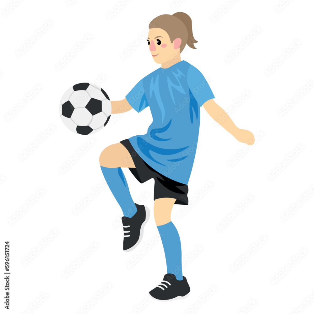 Cute girl playing European football on white background