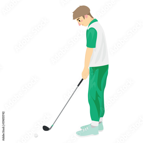 Cute boy playing golf on white background