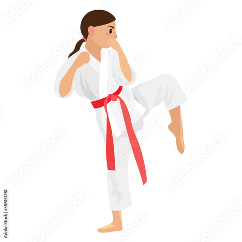 Cute girl practicing karate on white background
