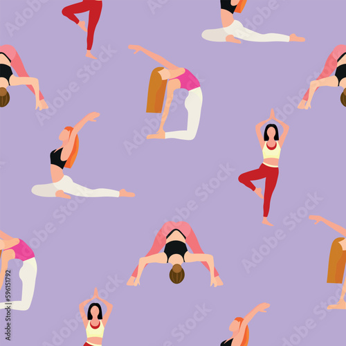 Many women practicing yoga on lilac background. Pattern for design