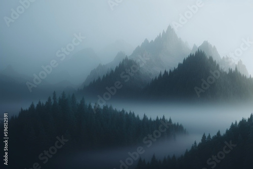 Foggy Mountain Forest Scene. Gloomy. Made with Generative AI. © Adam