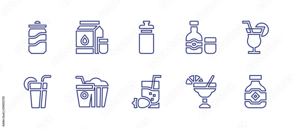 Beverage line icon set. Editable stroke. Vector illustration. Containing cola, milk, water bottle, alcohol, cocktail, orange juice, popcorn, margarita, gin.