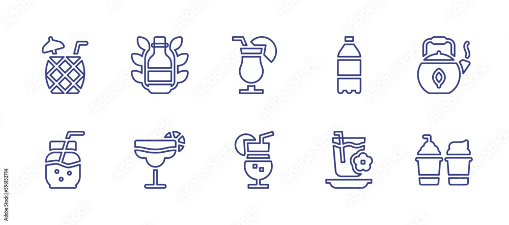Beverage line icon set. Editable stroke. Vector illustration. Containing pina colada, beer, summer, soda bottle, green tea, smoothie, cocktail, tea, milkshake.