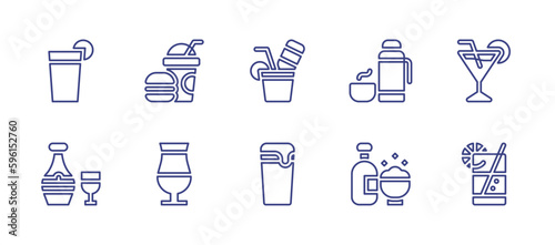 Beverage line icon set. Editable stroke. Vector illustration. Containing beverage  fast food  cocktail  thermo  bottle  beer  lemonade.