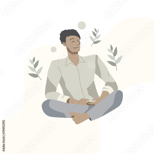 Businessman yoga meditation relax from work. Self care, love yourself icon or body positive concept.Hand draw style. Vector illustration.