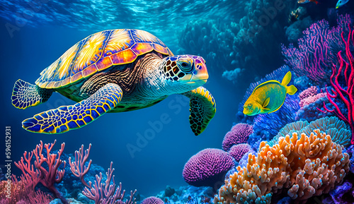 turtle with group of colorful fish and sea animals with colorful coral underwater in ocean  Generative AI