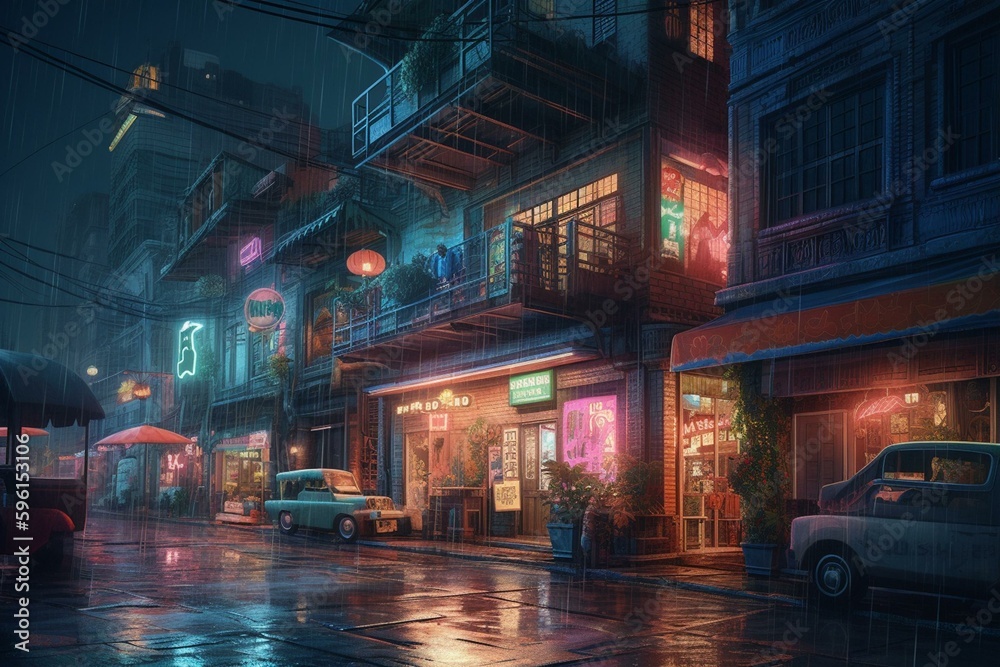 A vibrant painting of a city street at night with colorful buildings. Generative AI