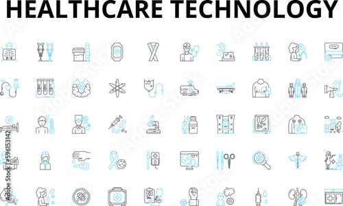 Healthcare Technology linear icons set. Telemedicine, Wearables, Electronic health records (EHR), Artificial intelligence (AI), Blockchain, Telehealth, Big data vector symbols and line concept signs