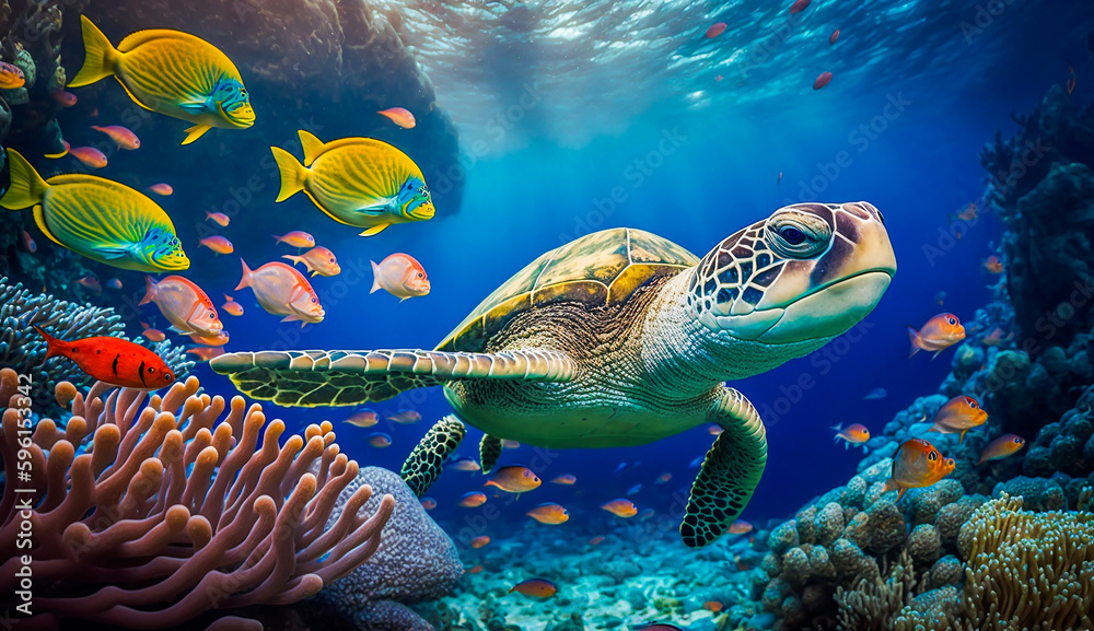 turtle with group of colorful fish and sea animals with colorful coral underwater in ocean, Generative AI - obrazy, fototapety, plakaty 