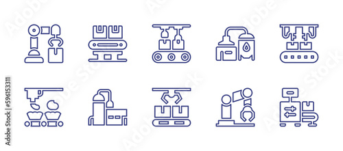 Factory line icon set. Editable stroke. Vector illustration. Containing robotic hand, conveyor, conveyor belt, beer factory, factory machine, process, recycling plant, automation, robotic arm.