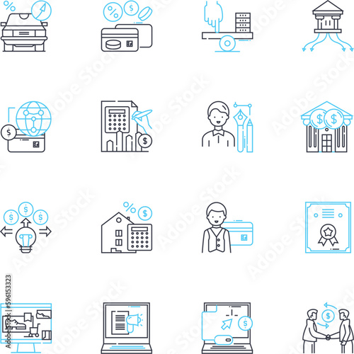 Stock brokers linear icons set. Trading, Investments, Securities, Finance, Portfolios, Stocks, Shares line vector and concept signs. Bonds,Options,Derivatives outline illustrations