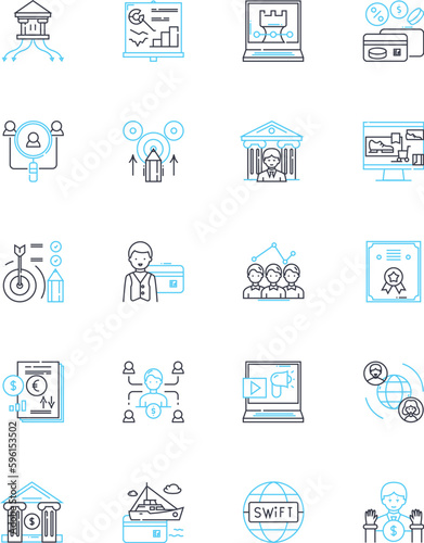 Pie chart budgeting linear icons set. Allocation, Proportion, Distribution, Expenses, Income, Visualization, Planning line vector and concept signs. Analysis,Breakdown,Category outline illustrations
