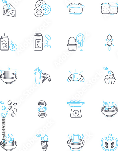 Culinary anecdotes linear icons set. Haute cuisine, Gourmet, Recipe, Savory, Chef, Spice, Delicious line vector and concept signs. Flavorful,Entree,Appetizer outline illustrations