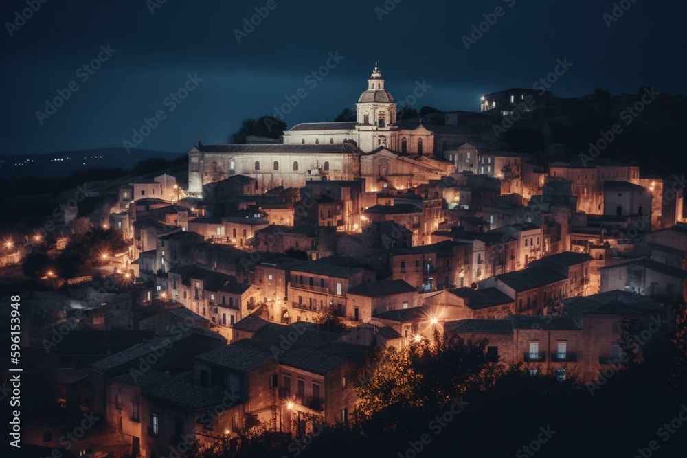Night view of historic medieval Ragusa in Sicily, UNESCO world heritage site with city lights of popular tourist destination. Generative AI