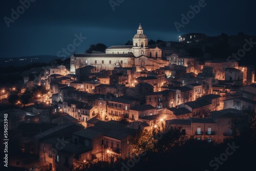 Night view of historic medieval Ragusa in Sicily, UNESCO world heritage site with city lights of popular tourist destination. Generative AI photo