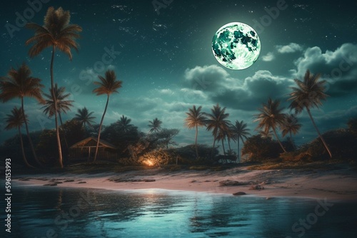 A vintage style digital painting of night beach landscape on island with full moon, glowing, birds, trees and plants. Generative AI