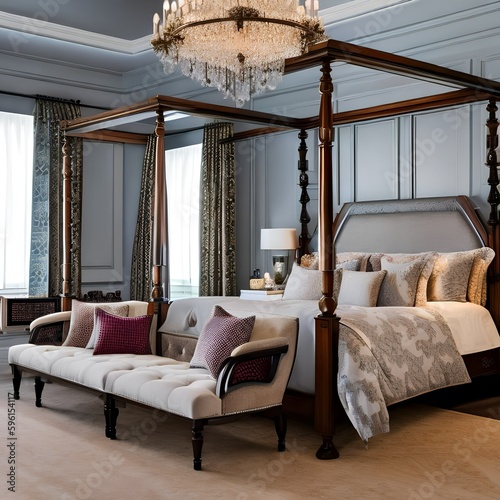 2 A traditional-style bedroom with a mix of wooden and upholstered finishes, a classic four-poster bed, and a mix of patterned and solid bedding5, Generative AI © Ai.Art.Creations