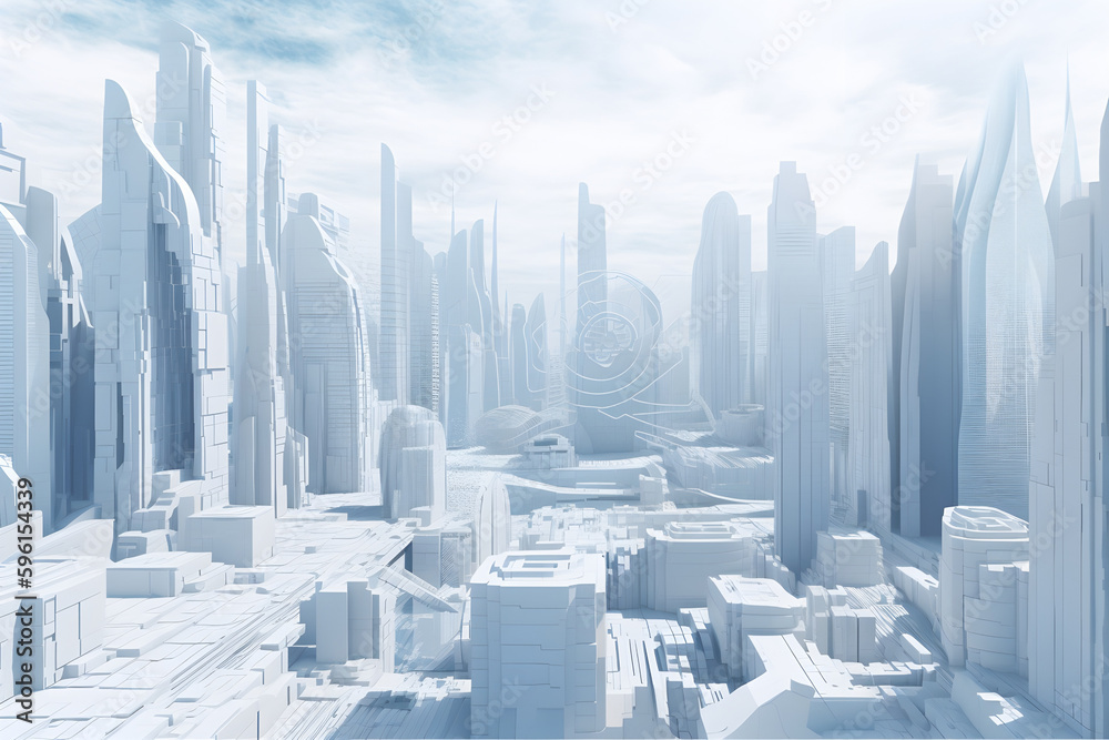 winter in the city.  a futuristic city skyline set against a textured intricate 3D wall in light blue and white tones. The city is .composed of geometric shapes and patterns.