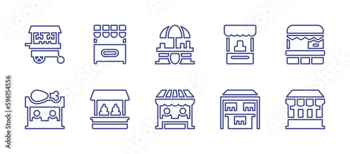 Street market line icon set. Editable stroke. Vector illustration. Containing stall, food stall, market, chicken, stand, pareo.