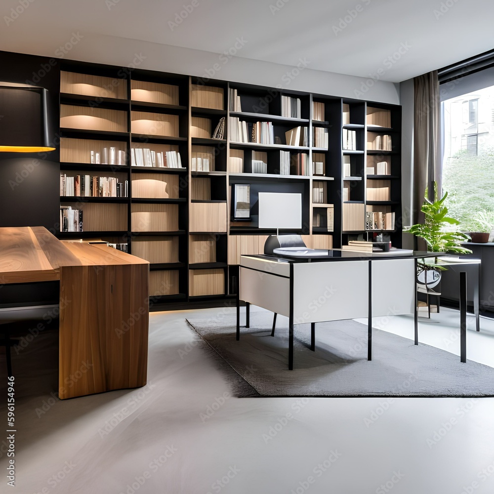 9 A contemporary, minimalist home office with a mix of white and wood finishes, a statement desk lamp, and a large wall-mounted bookshelf5, Generative AI