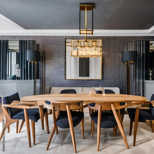 5 A mid-century modern-inspired dining room with a mix of wood and upholstered finishes, a classic chandelier, and a large, formal dining table5, Generative AI photo