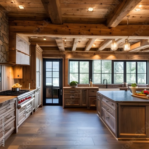10 A cozy, rustic kitchen with a mix of wooden and stone finishes, a classic range hood, and a mix of open and closed storage3, Generative AI